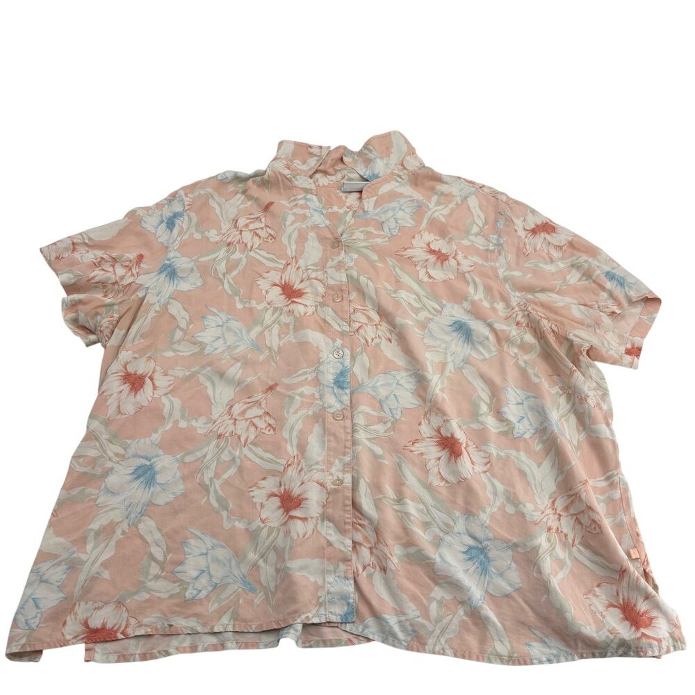 Liz Claiborne Petite 3X Floral Button-Down Blouse 100% Silk Short Sleeve Vintage